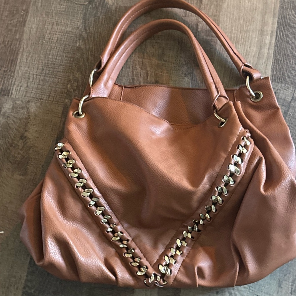 Just Fab" Chic Brown Hobo Bag with Gold Chain Detail